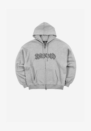 Helehall zip-up kapuutsiga dressipluus esitaskutega, nööriga kapuuts ja musta gooti stiilis tekst rinnal.