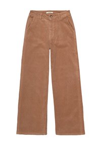 Corduroy wijdbenige broek in een warme bruine tint. Heeft zijzakken, een knoopsluiting en een textuur met verticale ribbels.