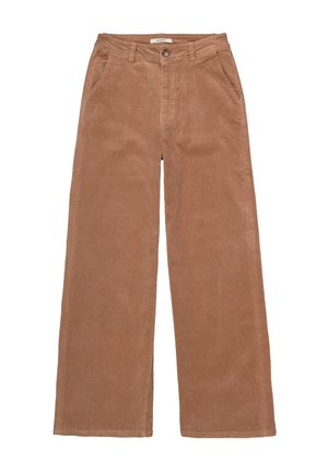 Corduroy wijdbenige broek in een warme bruine tint. Heeft zijzakken, een knoopsluiting en een textuur met verticale ribbels.