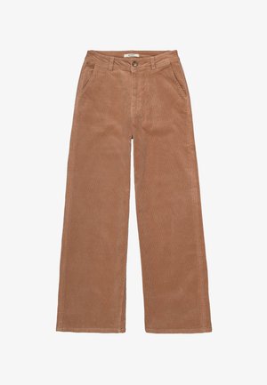 Pantalons larges en velours côtelé d'une teinte marron chaude. Comprennent des poches avant, une fermeture à bouton et une surface texturée avec des côtes verticales.