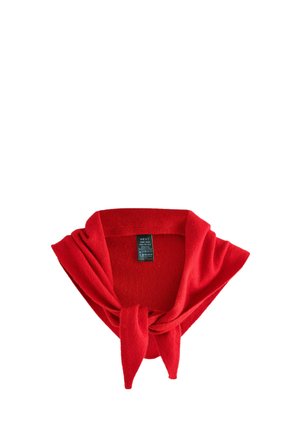 Red knitted neck scarf tied in a loose knot with a visible black label showing brand and care instructions.