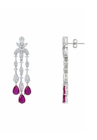 Silver drop earrings with clear crystals and three dangling pear-shaped red gemstones, shown front and side views.