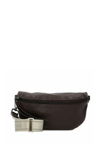 Borsa a pouch in pelle marrone con chiusura con zip, caratterizzata da una superficie testurizzata e una tracolla beige a contrasto con hardware a fibbia.