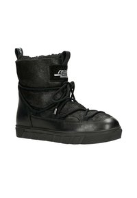 Schwarze Winterstiefel mit strukturiertem Leder und weichem Futter aus Fleece, ausgestattet mit einer schnürbaren Vorderseite, flexibler Sohle und gepolstertem Kragen.