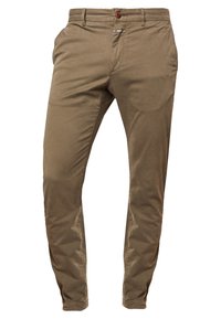 Chino en coton kaki avec une coupe slim, dotés de poches avant, d'une fermeture à bouton et d'une texture lisse. Détails de couture subtils tout au long.