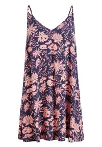 Hihaton A-linjainen mekko tummansinisellä pohjalla ja vaaleanpunaisella kukkakuviolla, kevyttä materiaalia, V-pääntie ja säädettävät ohutolkaimet.