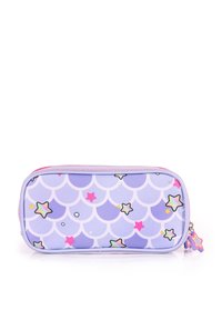 Kleine lila Federtasche mit Muschel-Muster, dekoriert mit bunten und rosa Sternen sowie einem sternförmigen Reißverschluss-Anhänger.