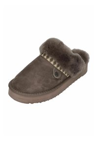 Brown suede slipper with a fluffy gray fur collar, checkered accent band, and a round logo on the side. Textured rubber outsole.