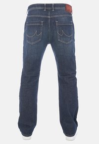 Jeans in denim blu scuro con taglio dritto, dotati di due tasche posteriori con cuciture curvilinee e un'etichetta in pelle con marchio in vita.