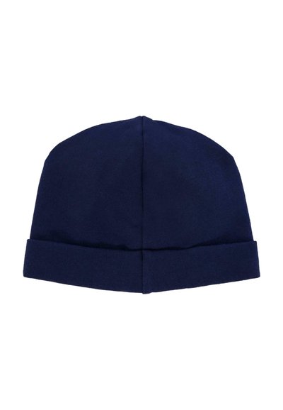 Berretto a maglia blu navy realizzato in tessuto morbido, con un risvolto piegato sul fondo e una parte superiore liscia e curva, priva di motivi o dettagli.
