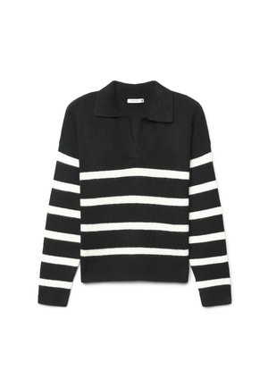 Maglione nero lavorato a maglia con righe orizzontali bianche su maniche e torso, con collo ripiegato e scollo a V.