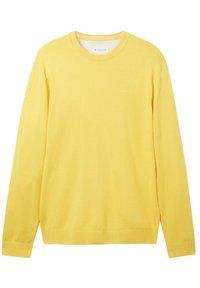 Gelber Sweatshirt mit langen Ärmeln aus weichem Strickstoff. Verfügt über einen Rundhalsausschnitt, gerippte Bündchen und ein dezentes Logo auf der Brust.