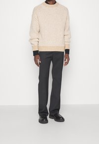 Beige gestrickter Pullover mit einem strukturierten Muster und schwarzem Rippbund an den Ärmeln, kombiniert mit dunklen Hosen und schwarzen Schuhen, vor einem einfarbigen Hintergrund stehend.