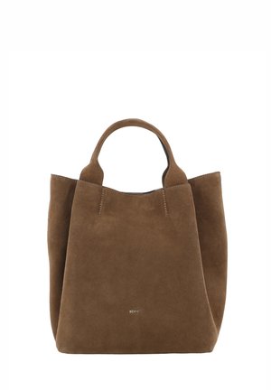 Soft brown suede tote bag with two handles and a minimalist design, featuring small gold lettering at the center front.