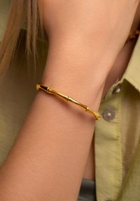 Bracciale color oro con un design ispirato al bambù. Texture liscia, finitura leggermente riflettente e maglie articolate attorno a un polso.