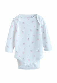 Valge pika varrukaga kehapluus pehmest puuvillast, millel on pastelsel toonis haldja ja lillede trükk. Alumises osas on mugavate vahetuste tegemiseks presskinnised.