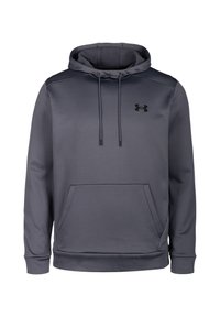 Producent: Under Armour. Mørkegrå hættetrøje med en front kangaroo lomme, justerbar snoretræk på huen og en blød, tekstureret overflade. Sort logo på brystet.