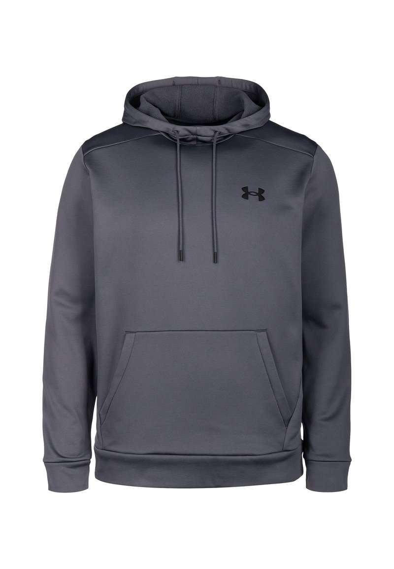 Producent: Under Armour. Mørkegrå hættetrøje med en front kangaroo lomme, justerbar snoretræk på huen og en blød, tekstureret overflade. Sort logo på brystet.