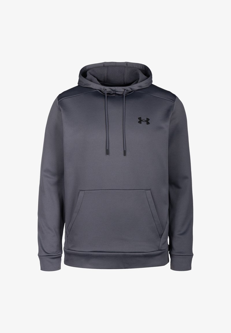Tillverkare: Under Armour. Mörkgrå hoodie med en framfickor i känguru-stil, justerbar dragsko på huvan och en mjuk, texturerad yta. Svart logotyp på bröstet.