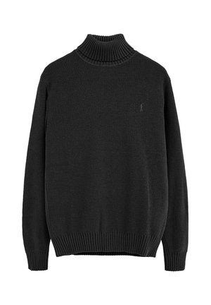 Schwarzer gestrickter Rollkragenpullover mit langen Ärmeln und gerippten Bündchen und Saum, vor weißem Hintergrund präsentiert.