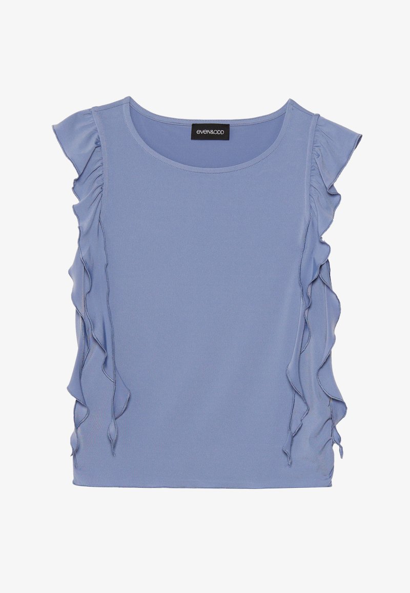 Light blue short-sleeve top with ruffled accents along the shoulders and hem. Made from soft fabric with a smooth texture.