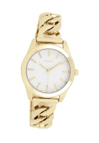 Montre-bracelet dorée avec un cadran blanc texturé et des marqueurs d'heure translucides. Présente un style de bracelet en chaîne épaisse.
