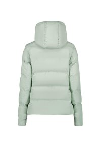 Lichtgroene pufferjack met een hoge kraag en een gladde buitenkant. Opvallend geborduurd ontwerp met gelijkmatig verdeelde vulling.