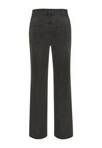 Pantaloni in denim nero con design a gamba dritta, cinque tasche e vita intermedia. Presentano una finitura morbida e testurizzata e linee pulite.