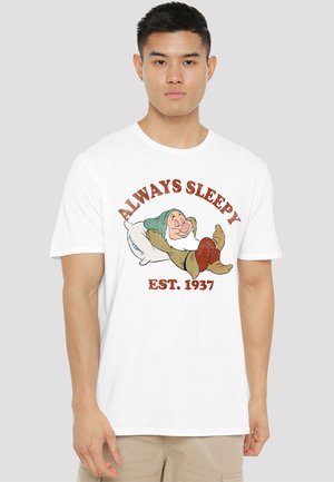 White cotton t-shirt featuring a graphic of a sleeping dwarf with "ALWAYS SLEEPY EST. 1937" in orange text, relaxed fit, short sleeves.