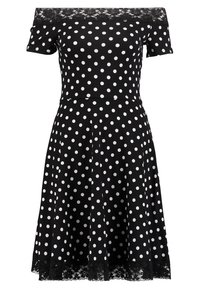 Svart klänning med prickar, avskuren vid axlarna, korta ärmar, utsvängd kjol och spetsdetaljer i fållen.