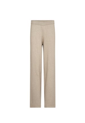Beige weit geschnittene Hosen aus weichem Stoff. Verfügt über einen elastischen, schmalen Bund und eine glatte, strukturierte Oberfläche ohne sichtbare Muster.