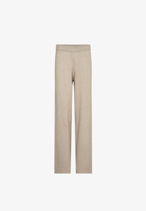 Bēša platā griezuma bikses, kas izgatavotas no mīksta auduma. Tām ir pieguļošs elastīgs jostasvīrs un gluda, teksturēta virsma bez redzamām rakstām.