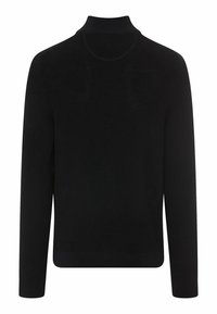Schwarzer gestrickter Pullover mit hohem Kragen, langen Ärmeln und strukturierter Oberfläche. Verfügt über einen geraden Saum und keine sichtbaren Logos oder Verzierungen.