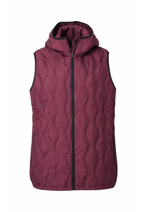 Gilet imbottito color maroon con cappuccio, dotato di chiusura a zip anteriore, tasche laterali e un motivo a onde testurizzato. Bordo nero lungo le cuciture.