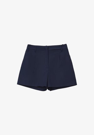 Pantaloni blu navy realizzati in tessuto liscio, con frontale piatto, due tasche laterali e un taglio su misura. Senza hardware o motivi visibili.