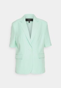 Mintgroene blazer met korte mouwen, met gelapte revers, enkele knoopsluiting en twee voorzakken, gemaakt van een gladde stof.