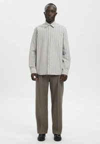 Srajca s črtami v svetlo sivi in beli barvi, z ovratnikom in enim žepom na prsih, kombinirana z širokimi, ravnimi rjavimi hlačami.