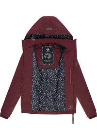 Burgundowa kurtka z pełnym zapięciem na zamek, kapturem i ściągaczami przy mankietach. Podszewka z wzorzystej czarnej tkaniny z różowymi akcentami. Metka widoczna wewnątrz.