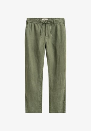 Spodnie z mieszanki lnu w oliwkowo-zielonym kolorze, z elastycznym pasem, sznurkiem, zapięciem na guzik i kieszeniami po bokach.