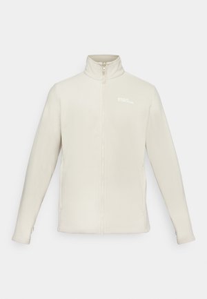 Fleece jack in lichtbeige met een hoge kraag, volledige rits, lange mouwen en een klein logo op de bovenste linkerkant.