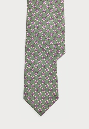 Grüne Krawatte mit einem sich wiederholenden Blumenmuster in Pink und Lila, aus strukturiertem Stoff und mit spitzem Design.