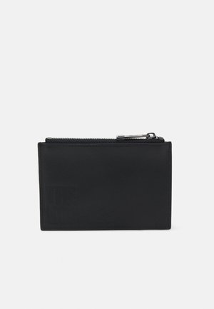 Black leather wallet with a zip closure, featuring embossed text on the front, flat design, and smooth texture.