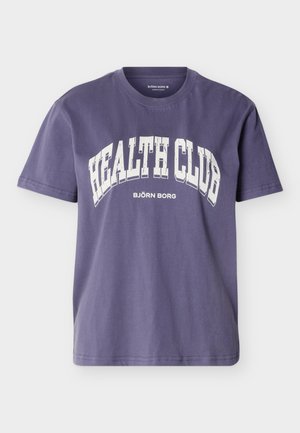 Purple short-sleeve crew neck t-shirt with white "HEALTH CLUB" text arched on front and smaller "BJÖRN BORG" text below.