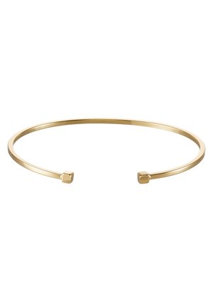 Delicate open gouden cuff armband met vierkante uiteinden, minimalistische en gepolijste afwerking, ontworpen om zachtjes de pols te omsluiten.