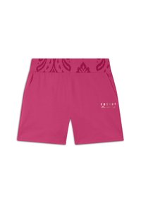 Pantaloni corti rosa con una cintura a fantasia, dotati di due tasche laterali e di un logo in argento metallizzato sul lato destro anteriore.