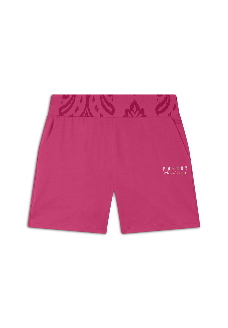 Pantaloni corti rosa con una cintura a fantasia, dotati di due tasche laterali e di un logo in argento metallizzato sul lato destro anteriore.