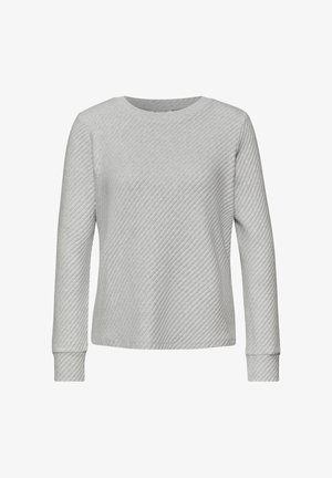 Jersey gris de manga larga con textura acanalada y cuello redondo. Observa el patrón diagonal y los puños ajustados. Fabricado con tela suave.