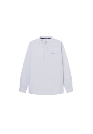 Chemise à manches longues rayée bleu clair avec col montant, quatre boutons sur la patte de boutonnage à l'avant et petit logo brodé sur la poitrine.