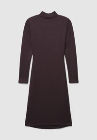 Abito a maniche lunghe in tessuto viola scuro, caratterizzato da un colletto alto, taglio dritto e un orlo leggermente più lungo sul retro. Texture liscia.