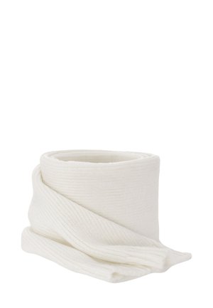 White ribbed scarf, made of soft fabric. It is coiled with visible seams and a smooth texture, suitable for warmth and layering.